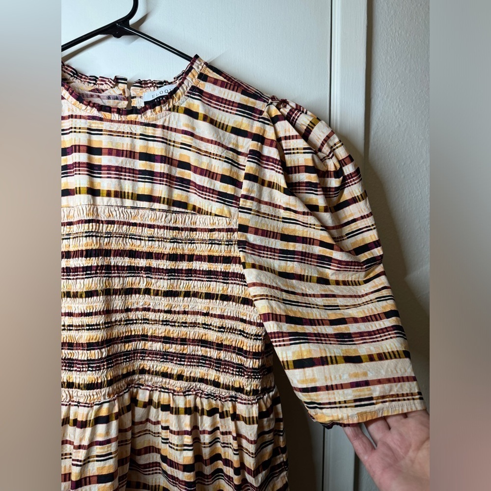 Eloquii Elements Plaid Short Puff Sleeves Peplum Smocked Cream Black Blouse 22 - Picture 7 of 16